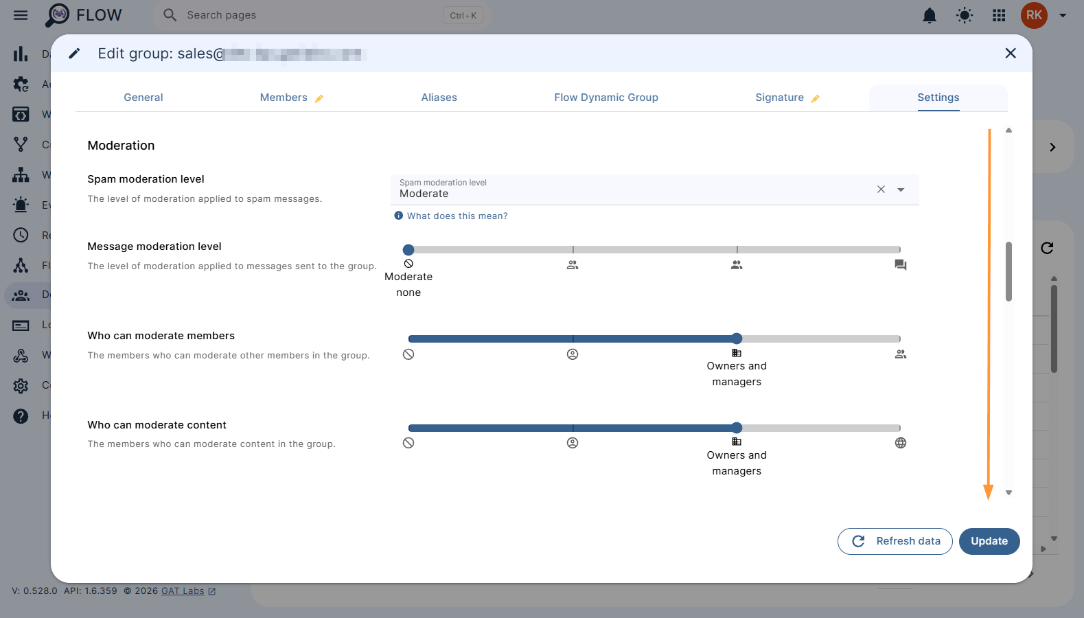 Group moderation settings in Flow