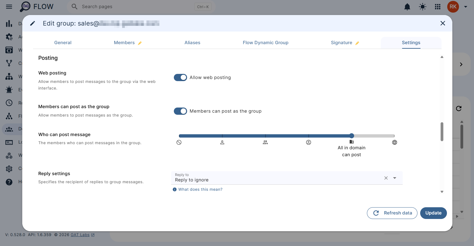 Group posting settings in Flow