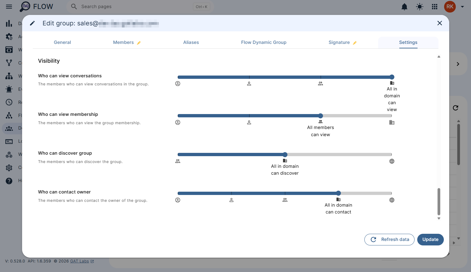 Group visibility settings in Flow
