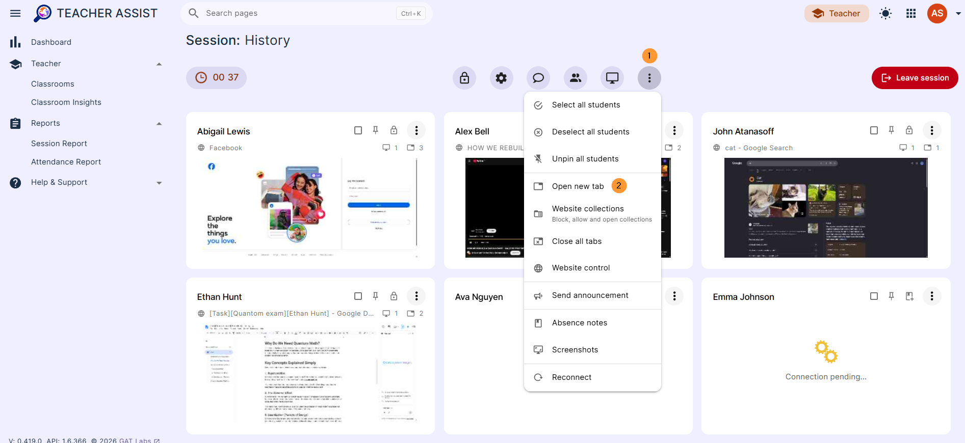 Click on the 3 dots and view global settings for the whole classroom.

Select and click on the Open new tab button.