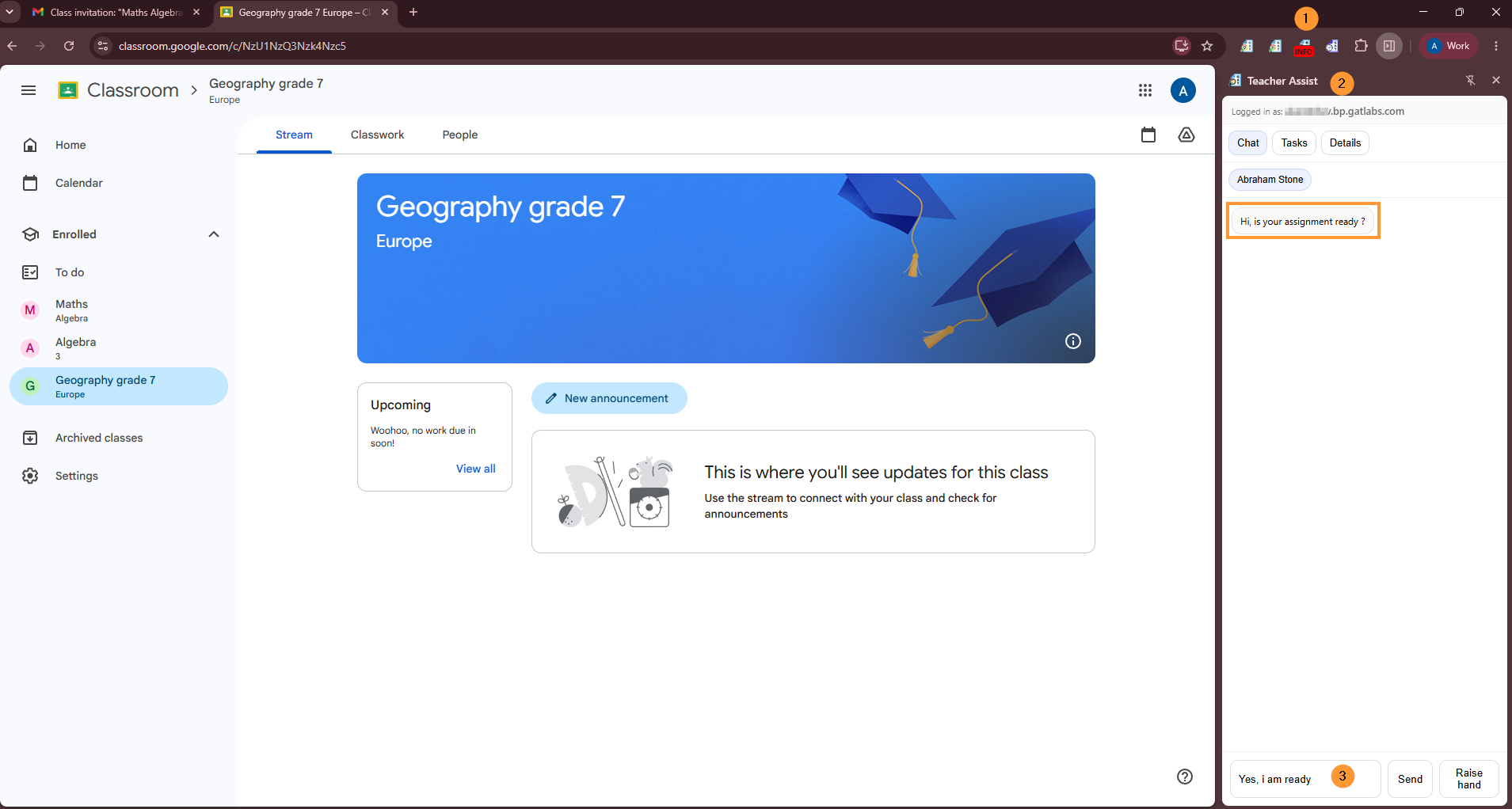 Click on Open chat - a pop-up window will be opened for the student on the right side where the Chat can be seen.
It will be avaliable under the Teacher Assist extension (1) at any time for the Student.
