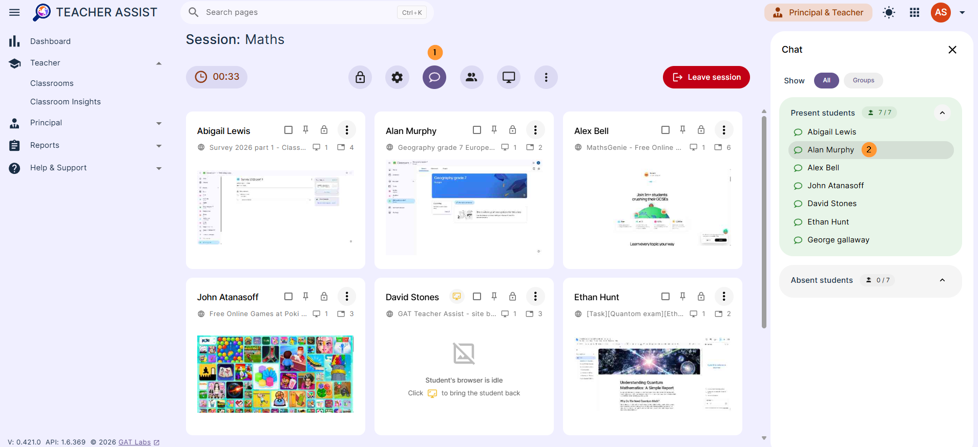 The Teacher can click on the Chat button, which will be shown on the right side. It will list all the present or absent students.
Selecting any student will open the chat with the student