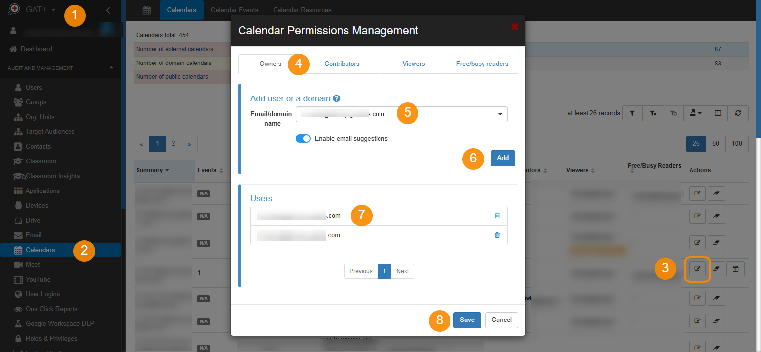 GAT+ Calendar Permission Management window allowing to amend Calendar ACL list. 