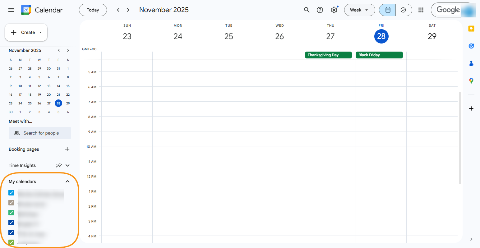 My Calendars section in Google Calendar UI. 