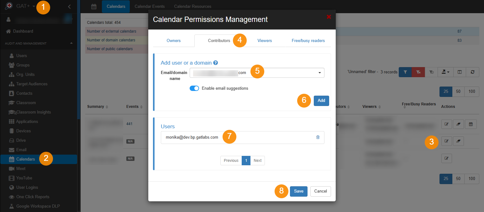 GAT+ Calendar Permission Management window allowing to amend Calendar ACL list. 
