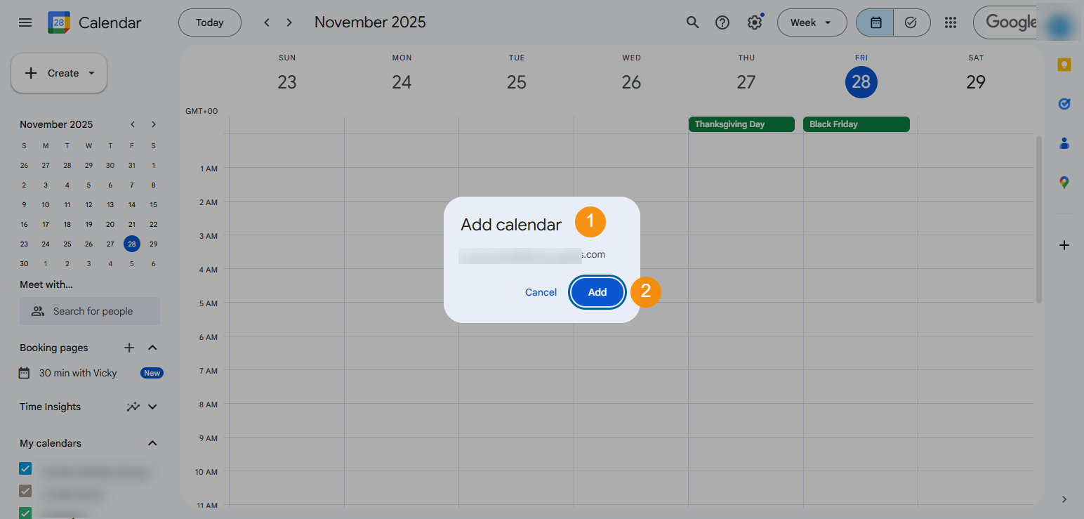 Add calendar message is displayed in Google Calendar UI.