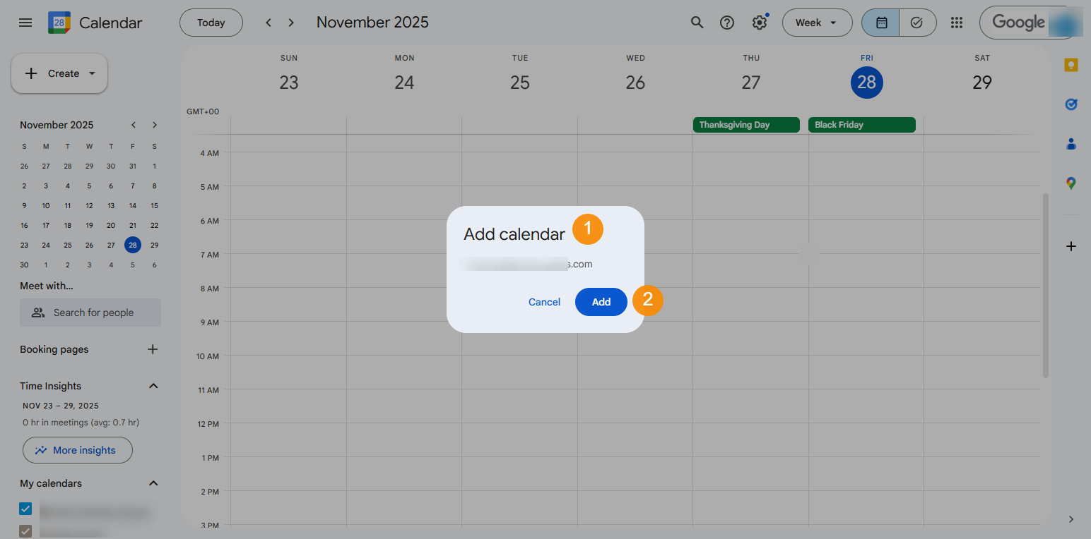 Add calendar message is displayed in Google Calendar UI.