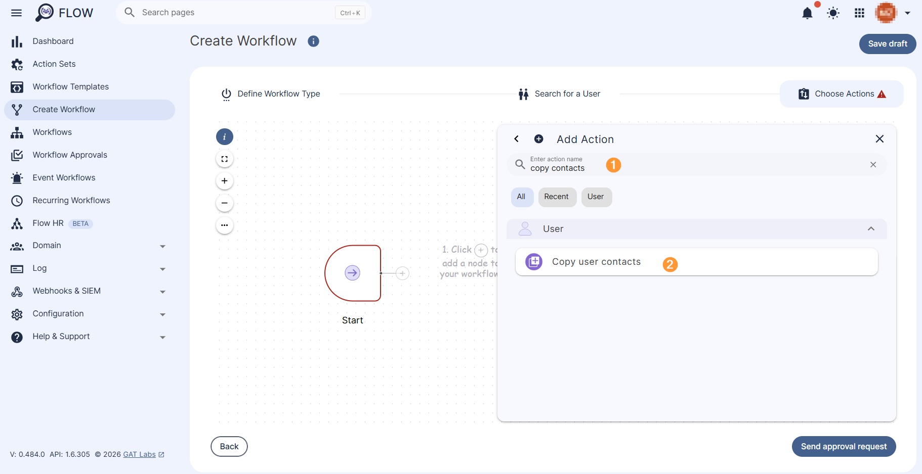 Search and selection of "Copy user contacts" action.