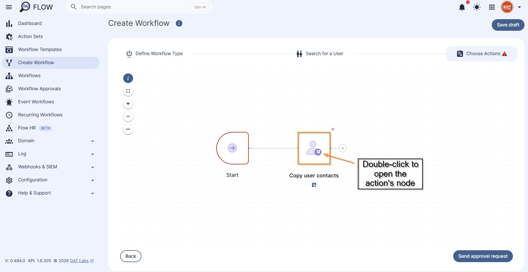 "Copy user contacts" action is added to the workflow.