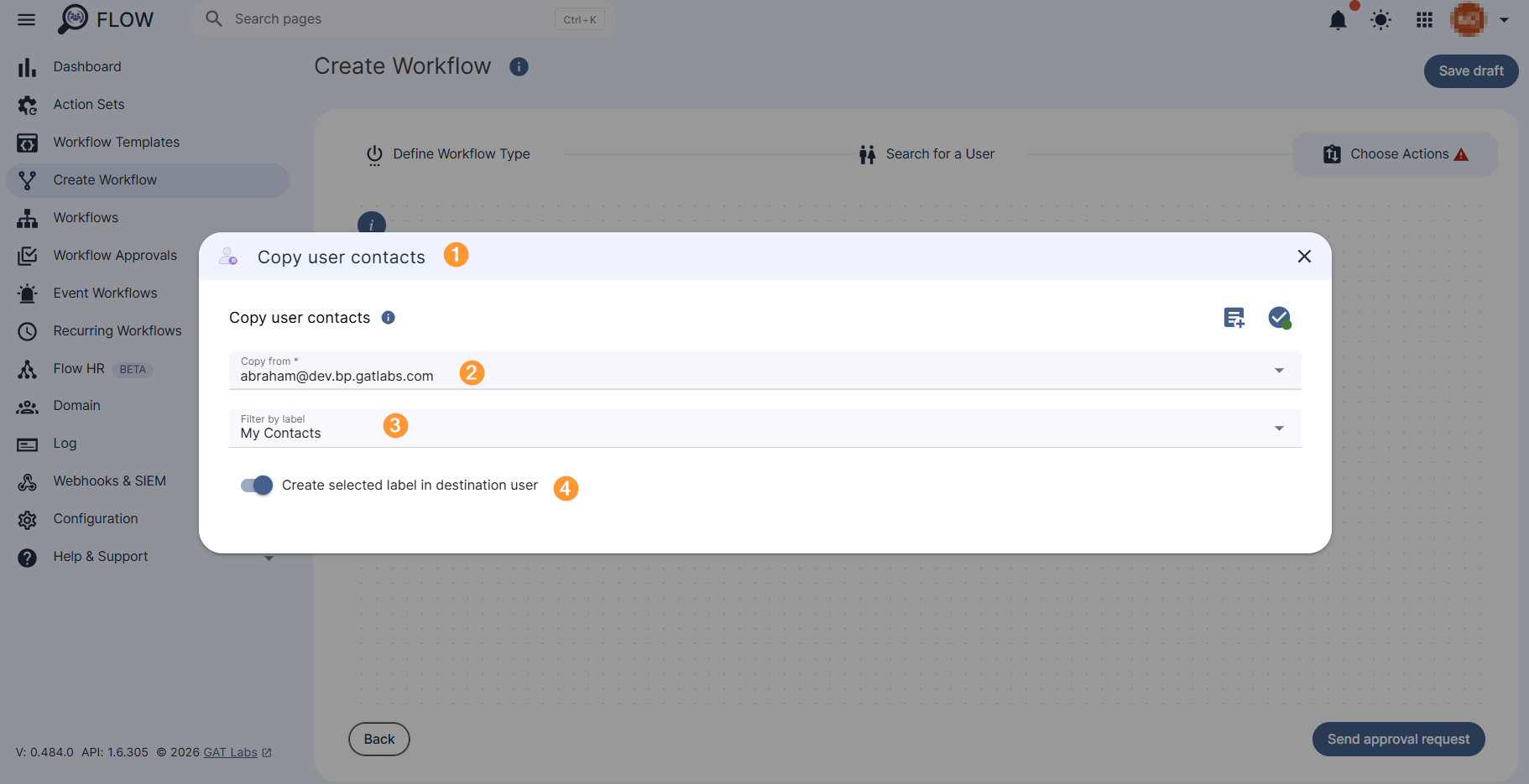 "Copy user contacts" action configuration section.