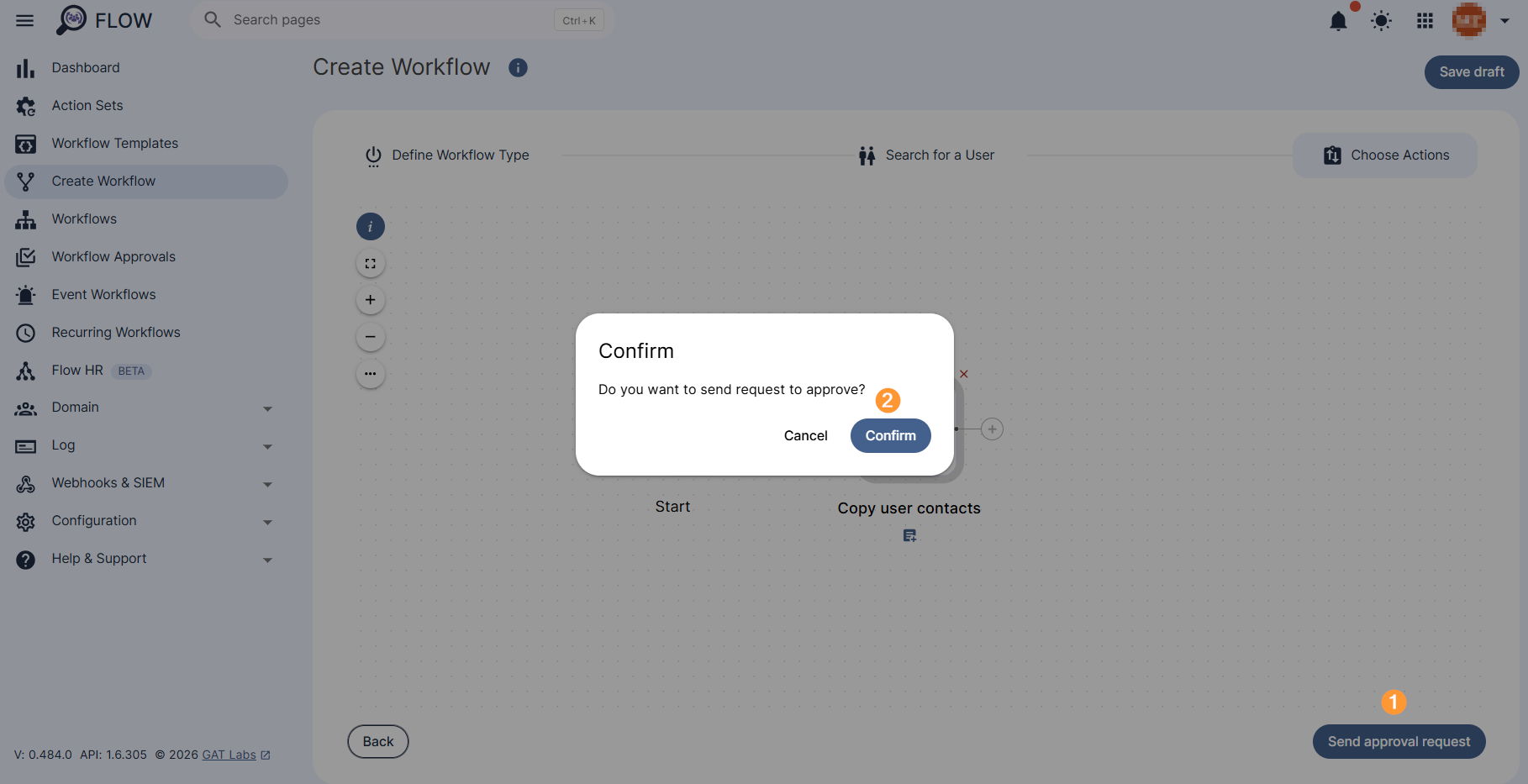 "Send Approval Request" and "Confirm" buttons are displayed.