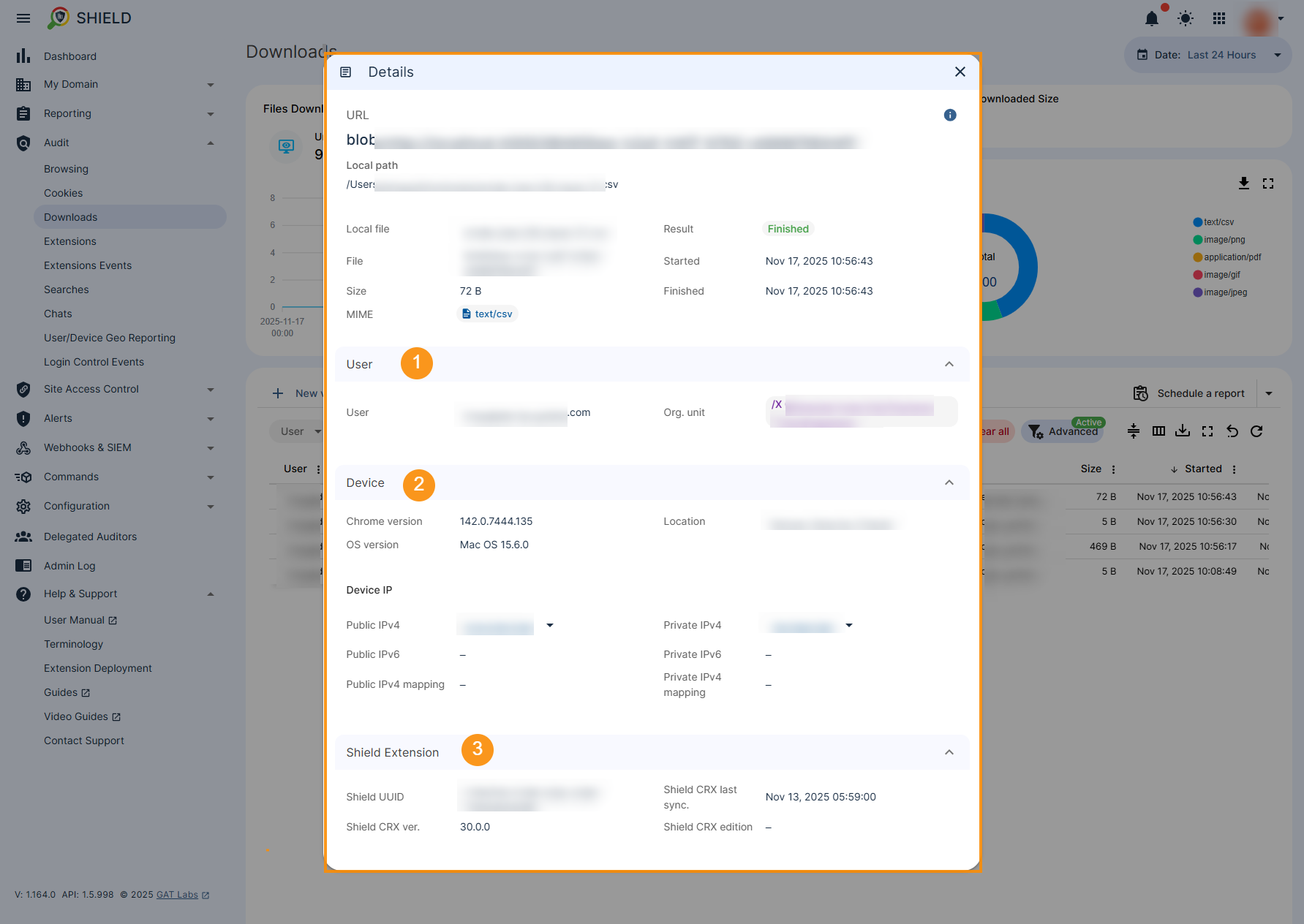The Downloads details are displayed such as Users information, Device details and Shield Extension parameters. 