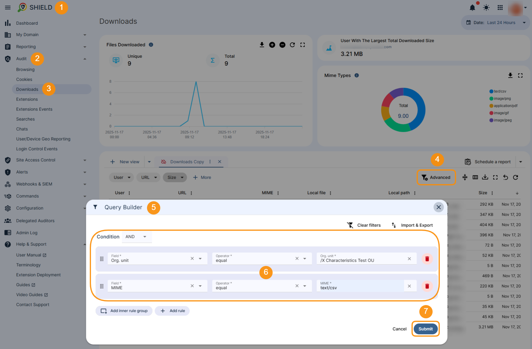 The GAT Shield Downloads Query builder is displayed. When clicking on the "Advanced" button the filtering option can be created. The "Submit" query button is also displayed. 