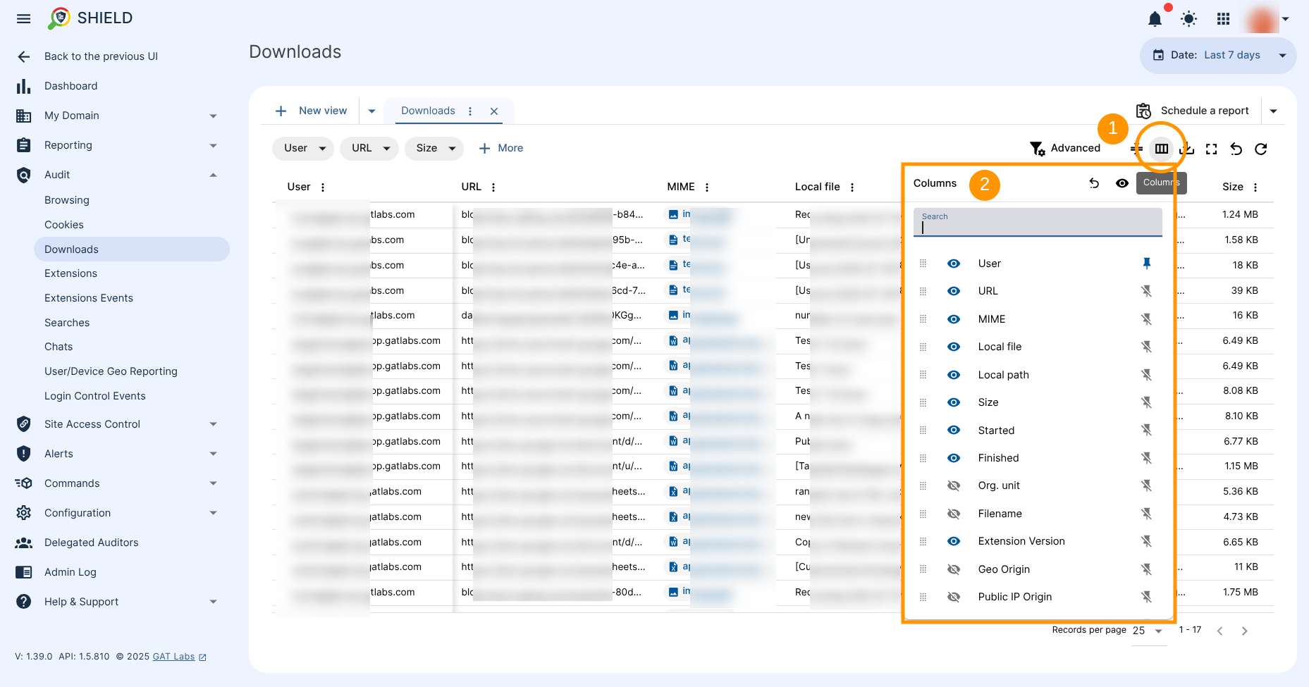 The "Columns" button allows you to distribute custom fields within the dashboard. Clicking the button will display a "Columns" drop-down menu where you can select specific columns to display.