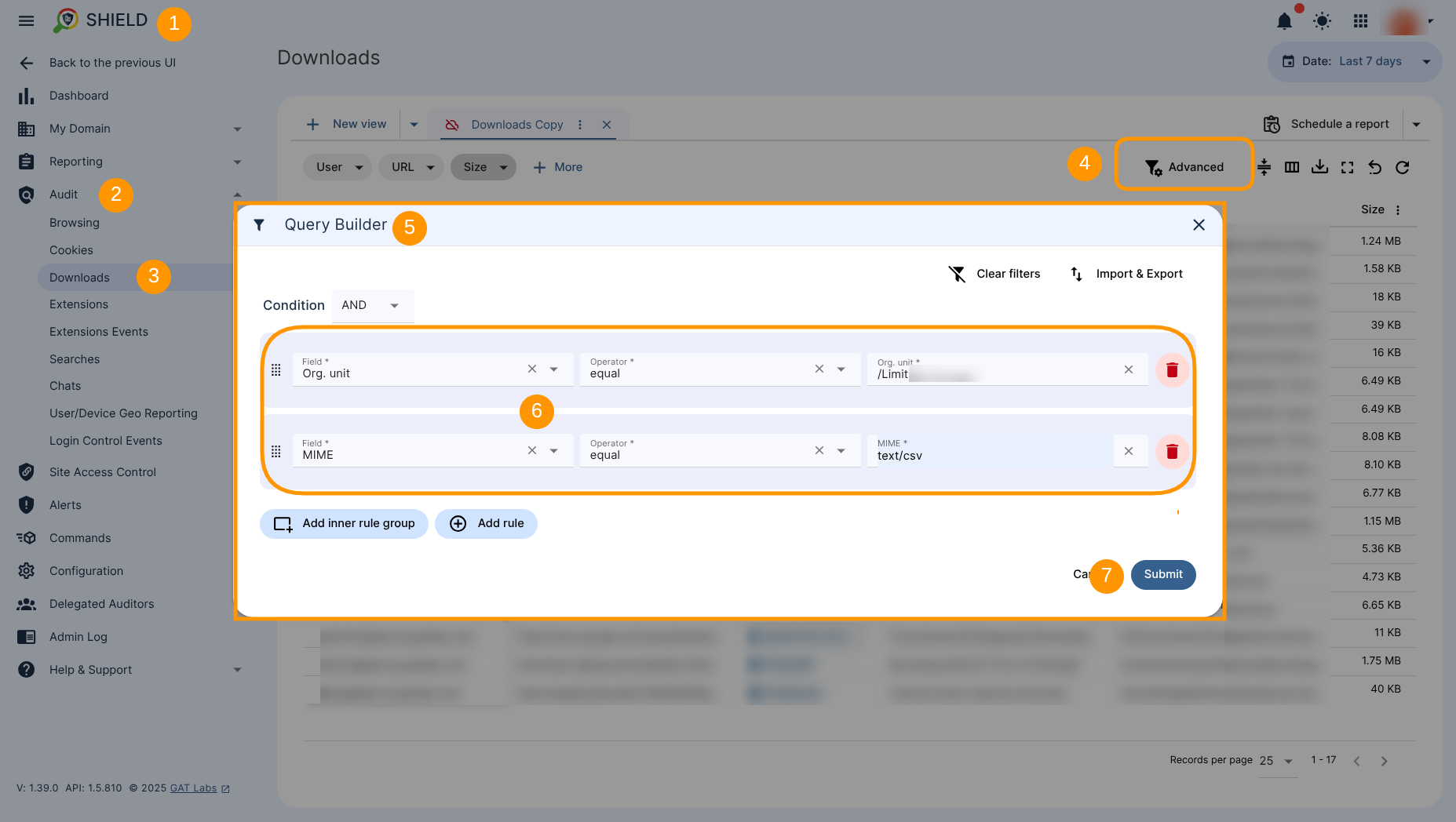 The GAT Shield Downloads Query builder is displayed. When clicking on the "Advanced" button the filtering option can be created. The "Submit" query button is also displayed.