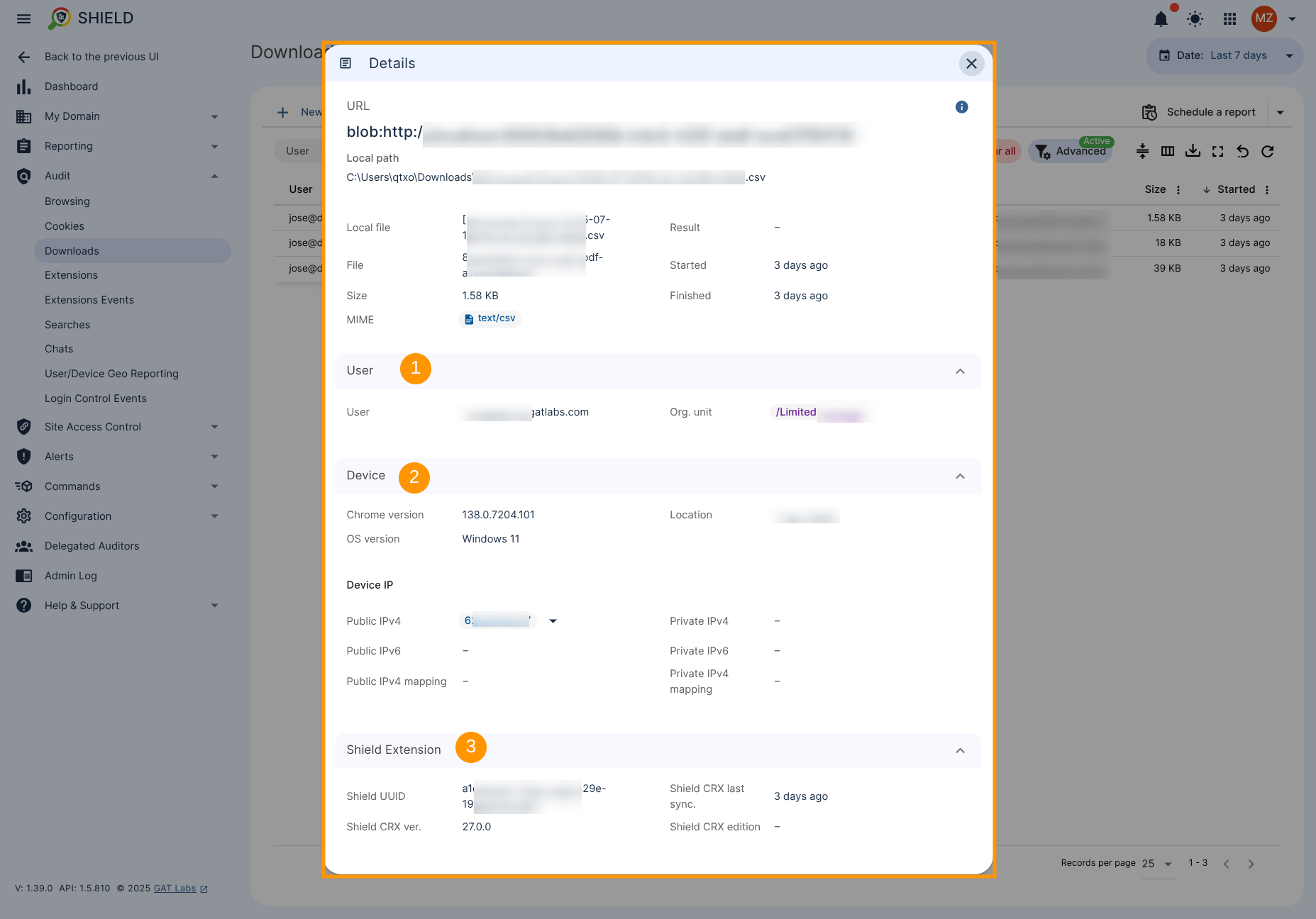 The Downloads details are displayed such as Users information, Device details and Shield Extension parameters.