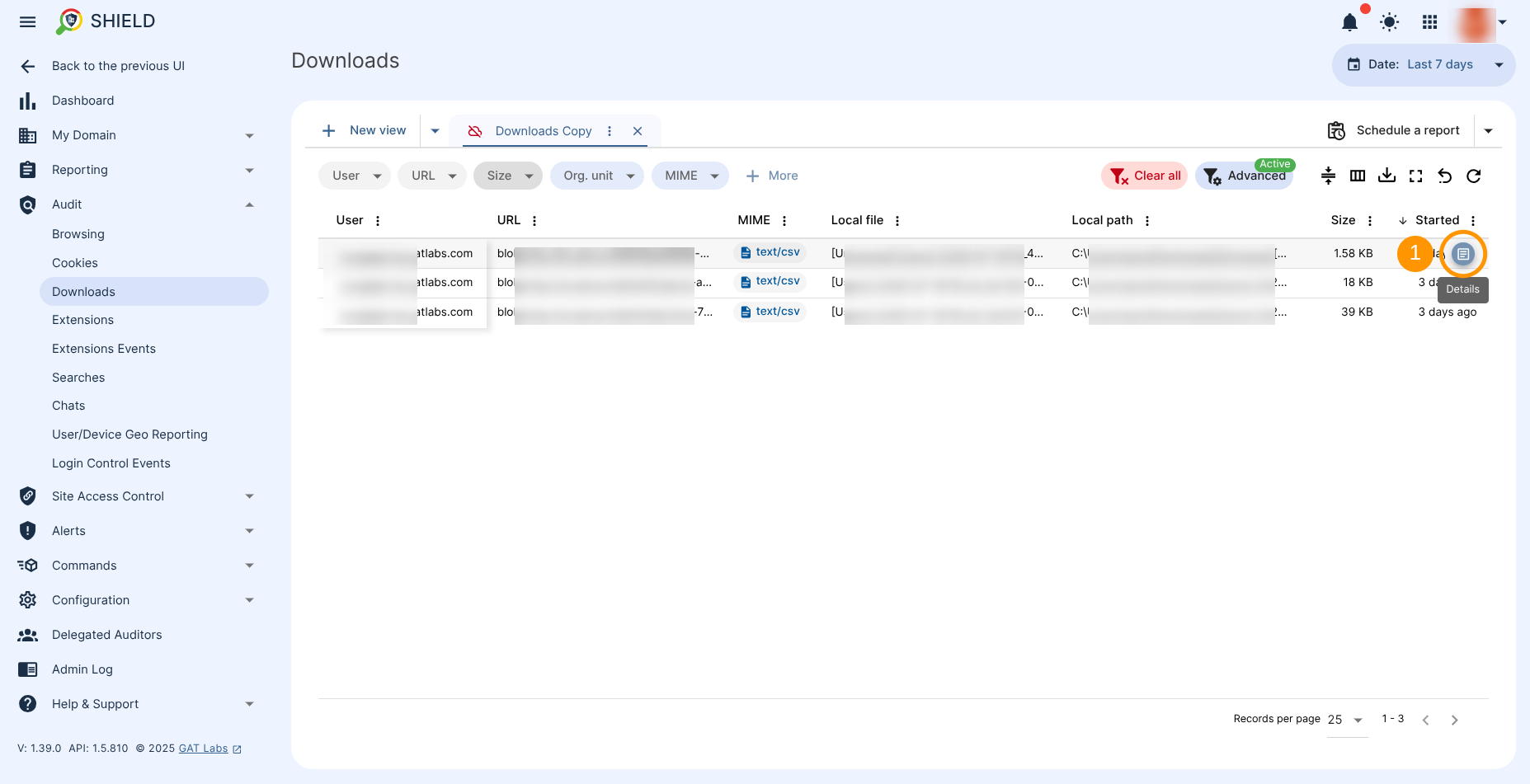 The Downloads Detail button is displayed after hovering the cursor over each record row.
