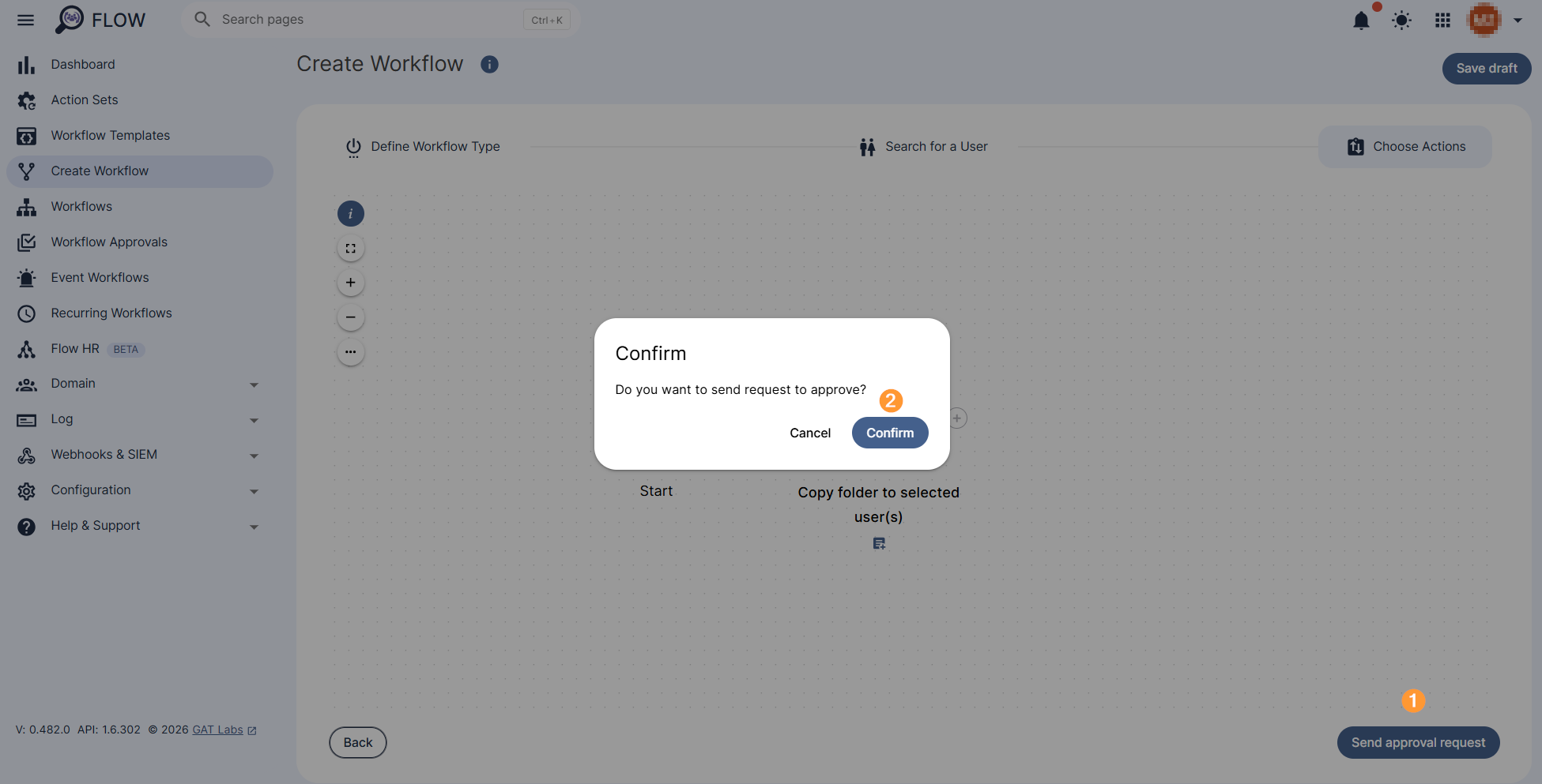 "Send Approval Request" and "Confirm" buttons are displayed. 