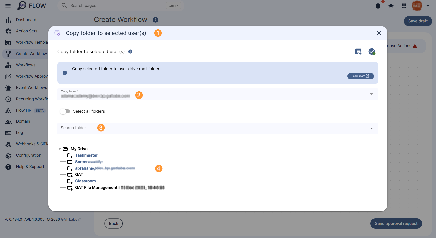 "Copy folder to selected users" action's configuration section.