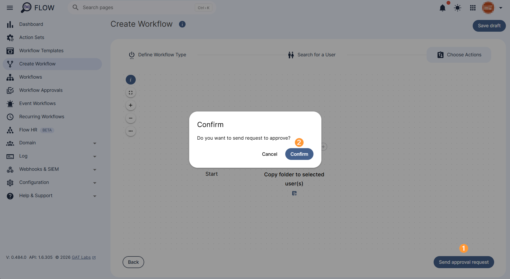 "Send approval request and "Confirm" buttons are displayed. 
