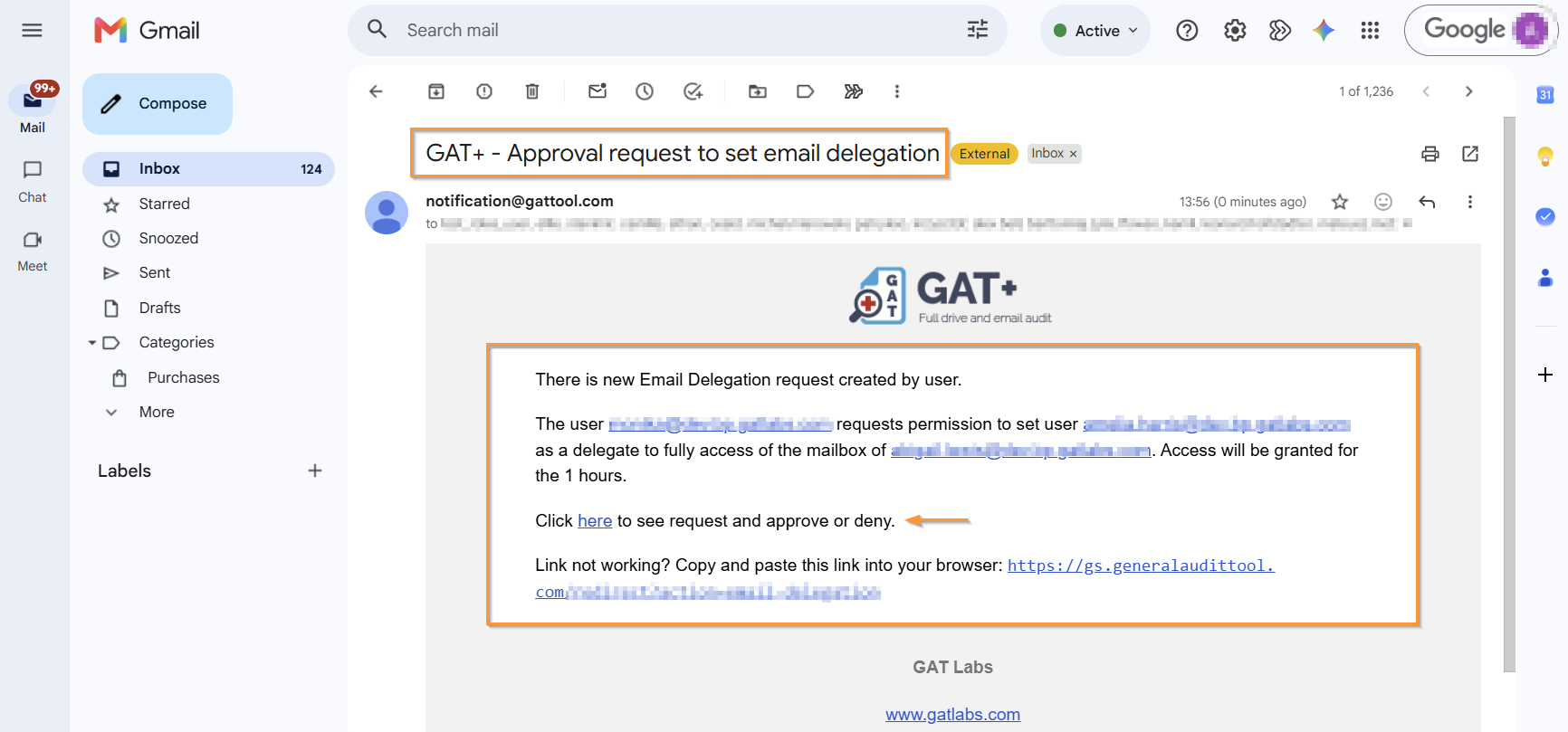 Email notification sent to Security Officer requesting approval of the job in GAT+