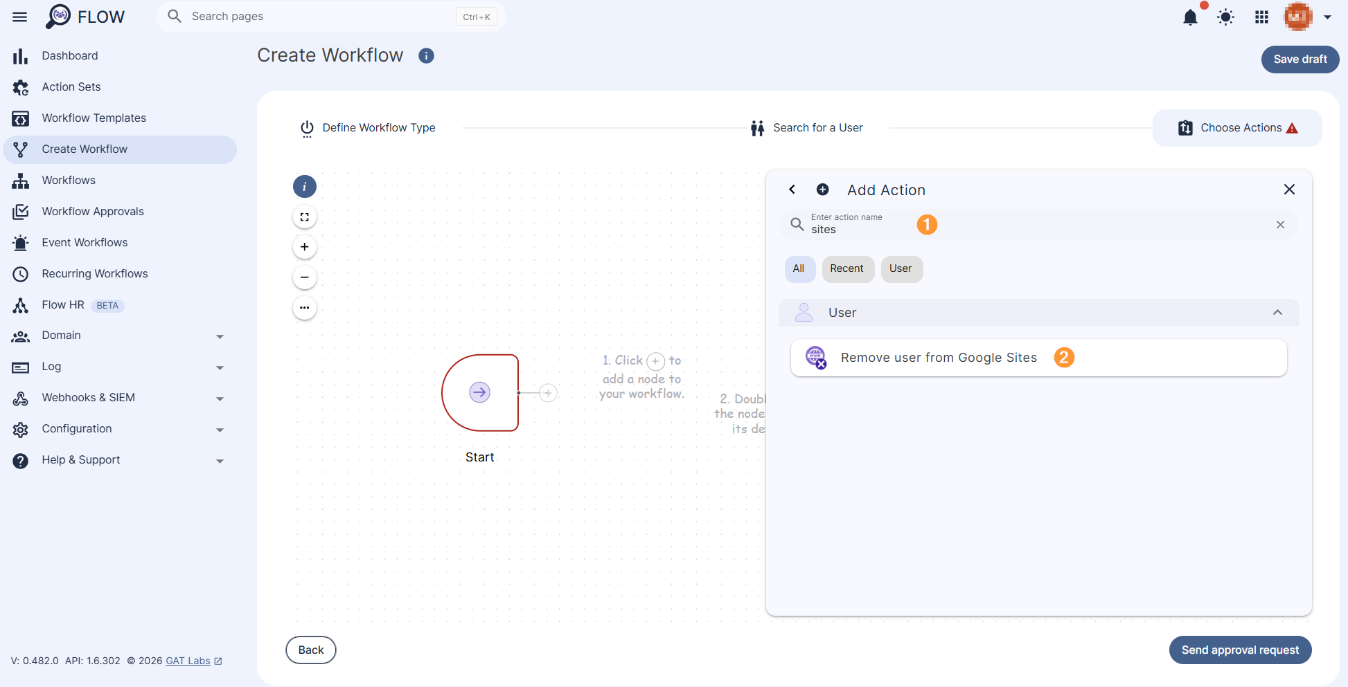 Section where the "Remove user from google sites" action can be searched and selected.