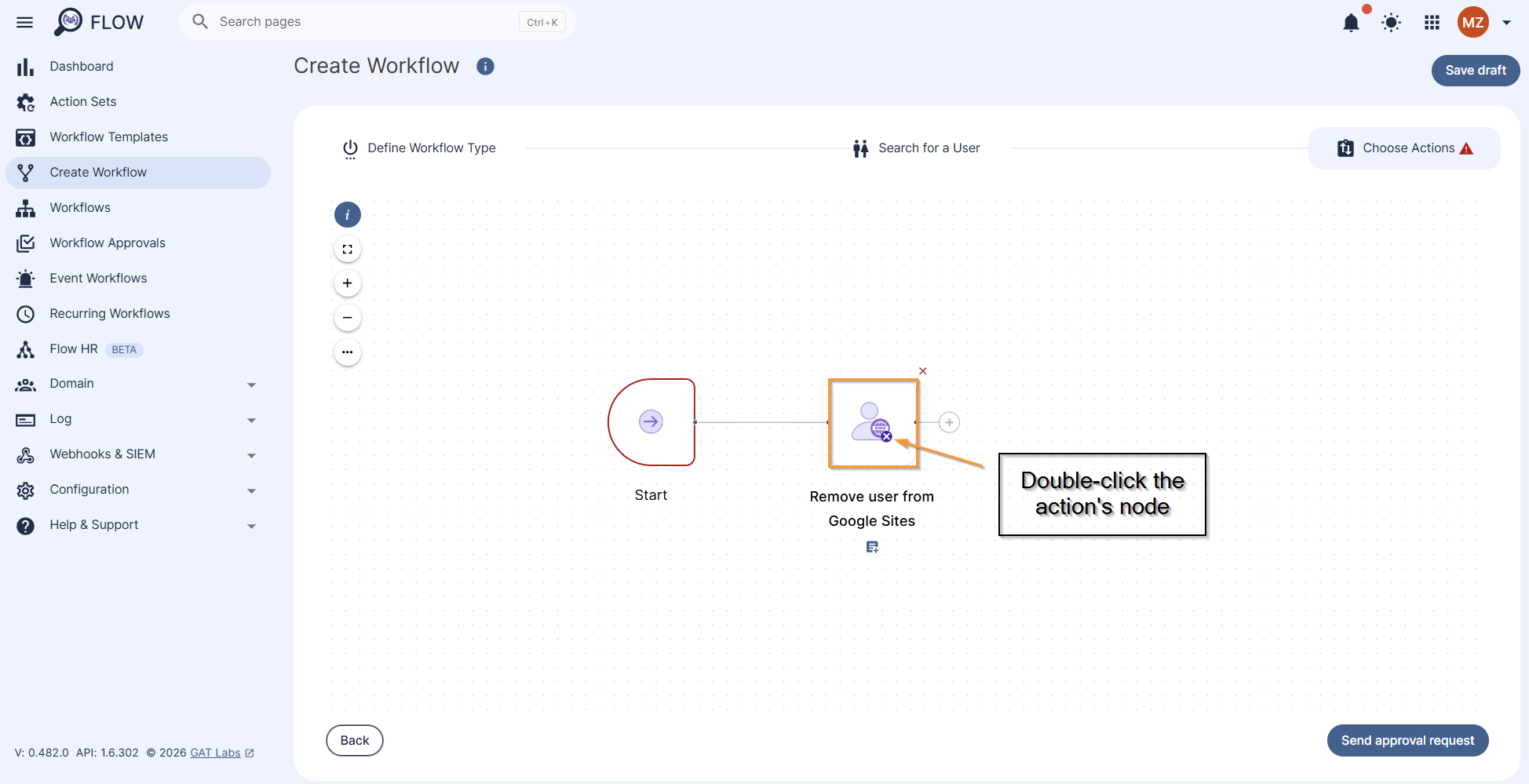 "Remove user from google sites" action is added to the workflow.