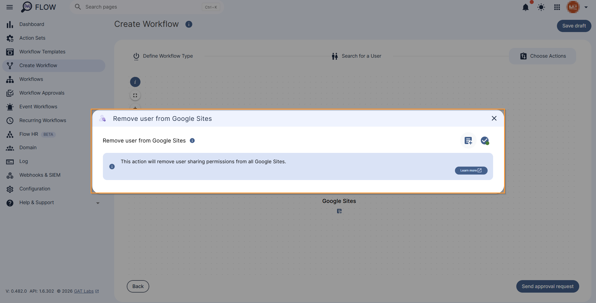 "Remove user from google sites" action's explanation.