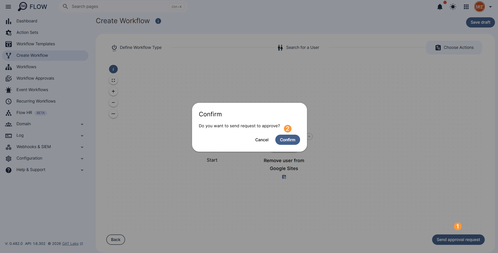 "Send Approval Request" and "Confirm" buttons are displayed. 