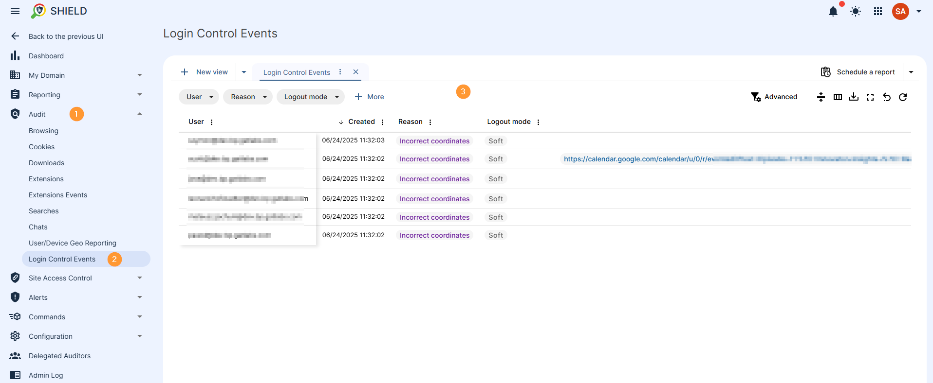 login control events view all events triggered by the users of the domain