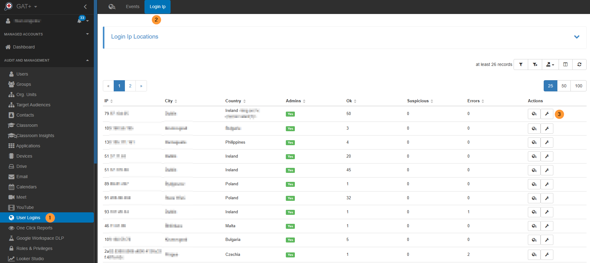 In GAT+ on the left side menu click on User Logins - then in the new window displayed click on top bar click Login IP