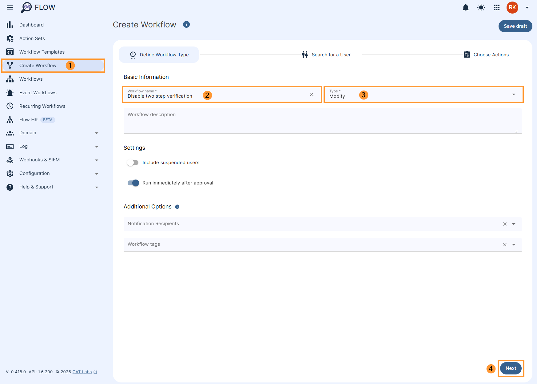 Creating a 'Disable two step verification' workflow in GAT Flow