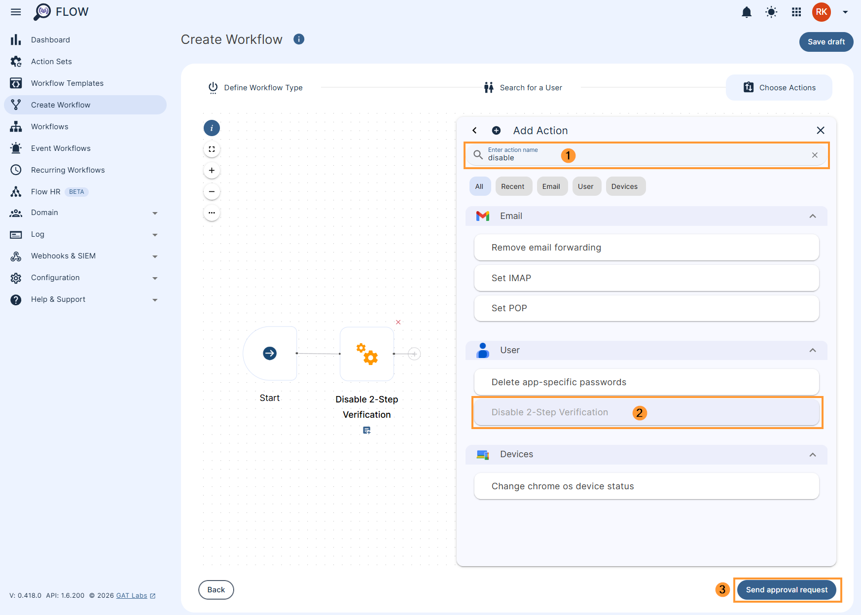 Adding the 'Disable 2-Step Verification' action to a workflow in GAT Flow