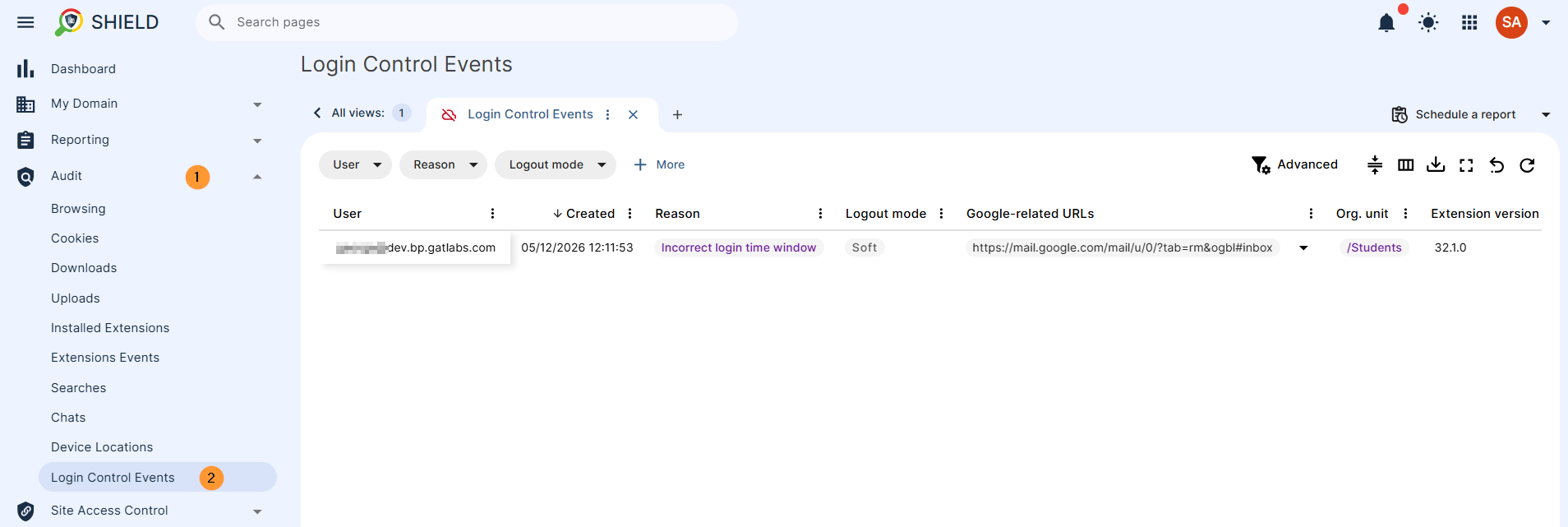 login control events view all events triggered by the users of the domain