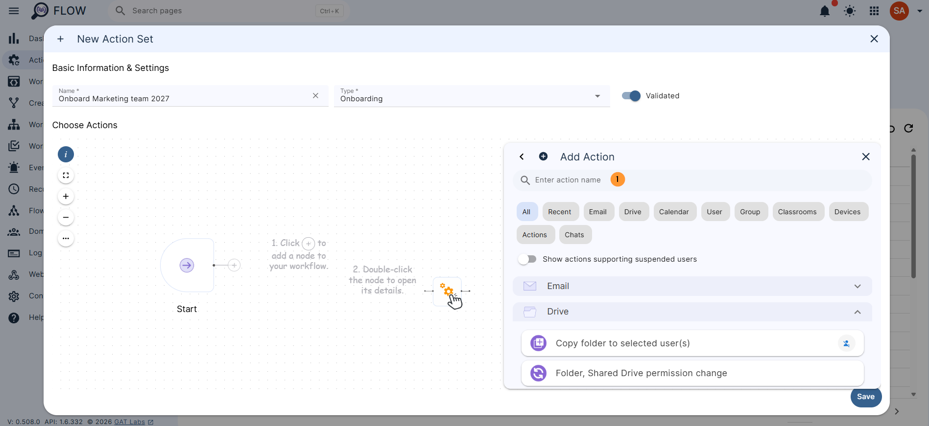 Click on the + button (4) and Add action (5)
A menu with all the actions will be displayed.
You can search for any action and select the actions you want to save as an Action set.