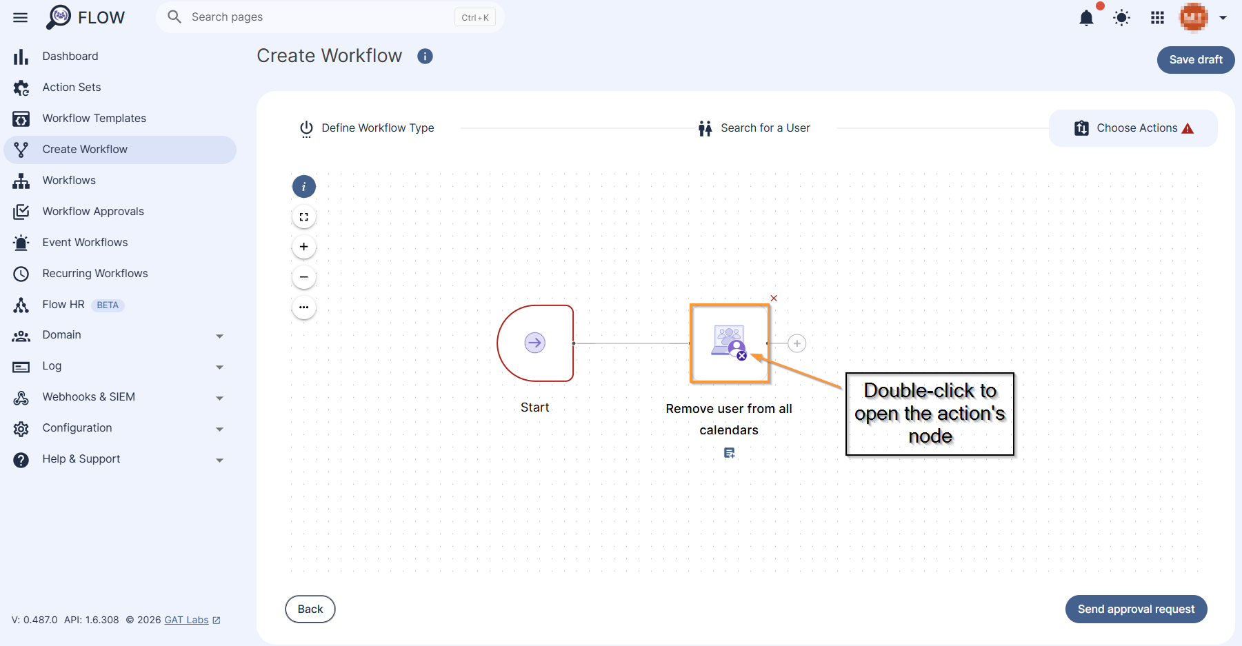 "Remove user from all calendars" action is added to the workflow.