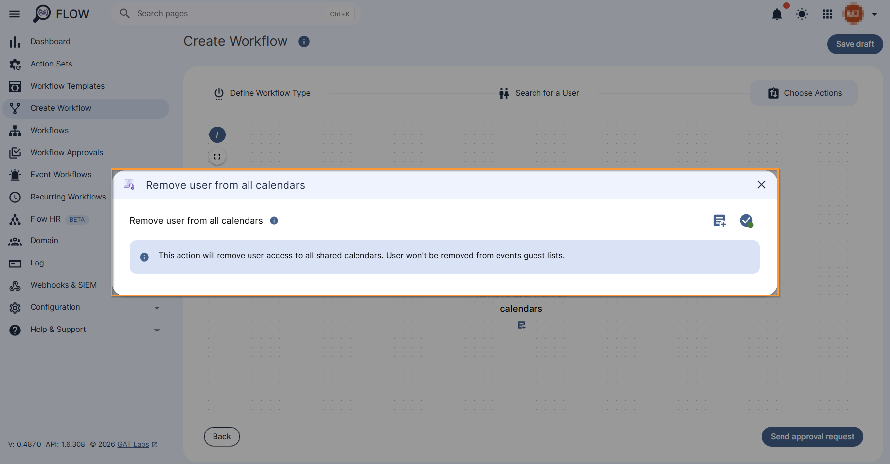 "Remove user from all calendars" action node with its description.