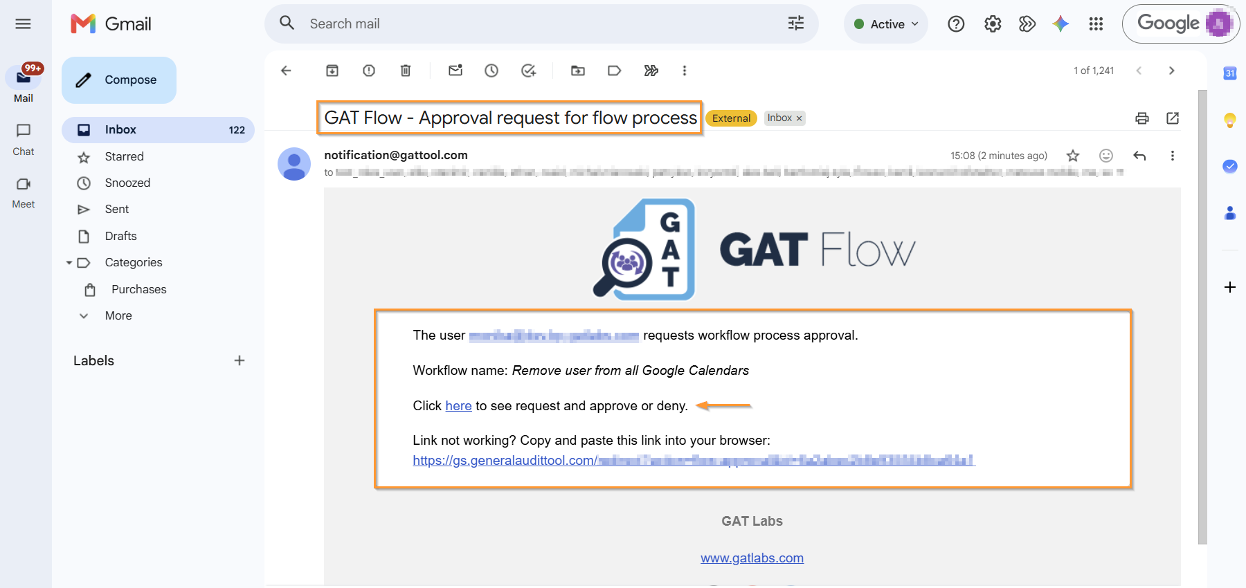 Notification email sent to Security Officer requesting workflow verification and its approval.