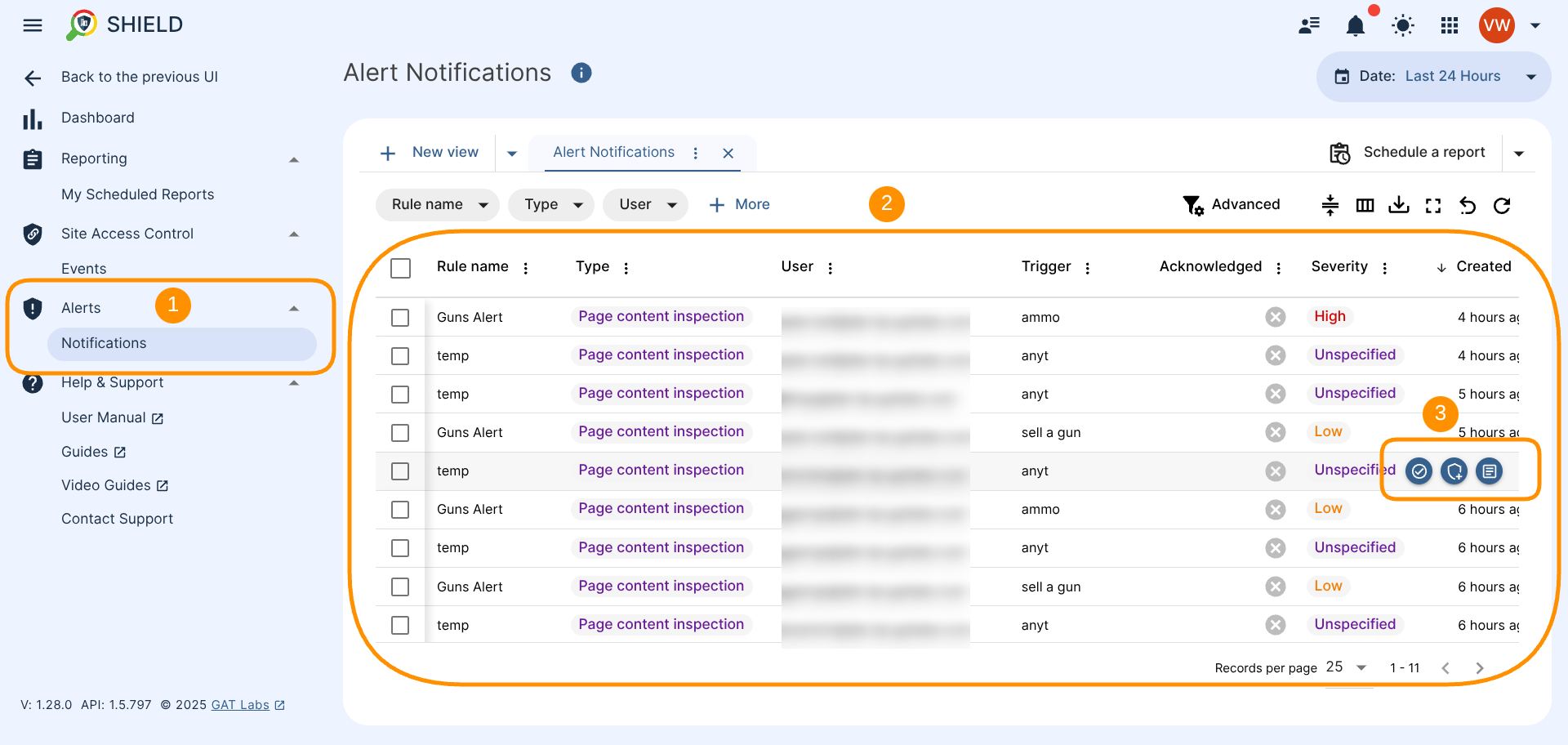 GAT Shield Delegated Auditor dashboard showing access to Alerts Notifications section (1) and a table with all existing/triggered alerts in a table (2). The alert notifications table has the options for each record in the table to quickly Acknowledge the alert, increase or reset Severity of the alert triggered and/or see the alert notification information in detail. To display the quick actions button, hover over the left side of each record and you will see 3 buttons to: Acknowledge, change Severity, view Details (3).