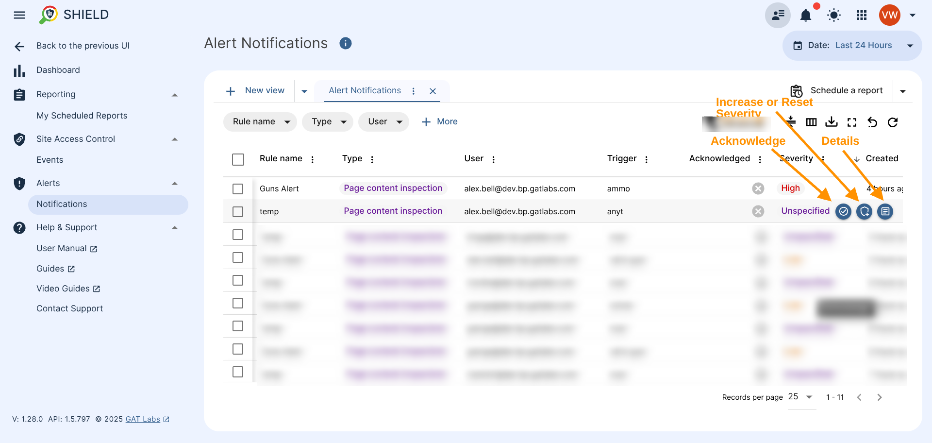 Alert notification action buttons: Acknowledge button, increase or reset Severity button, view more Details button.
