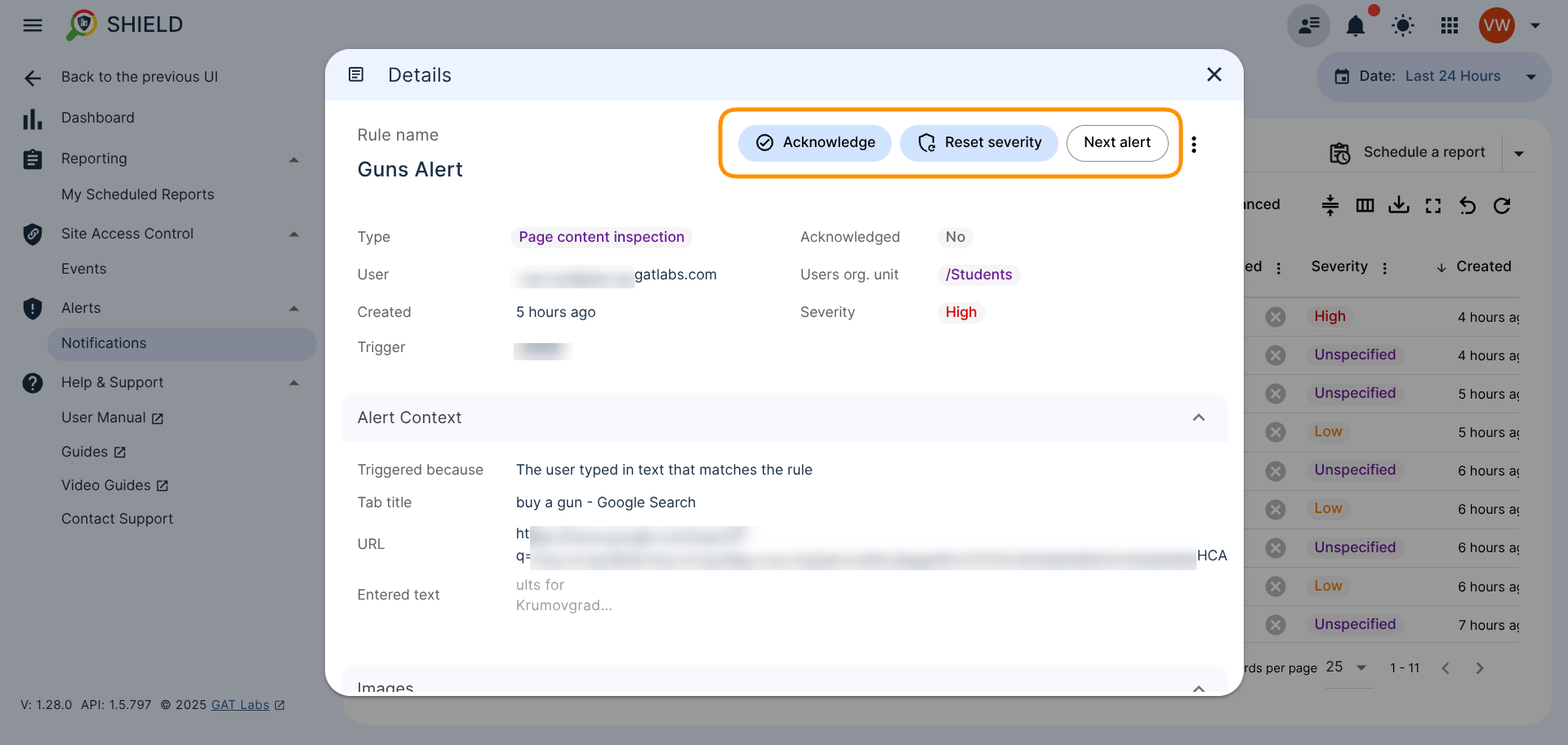 Alert Notifications Details window displaying Acknowledge button, Severity button and Next alert button to be able to move on and review the next alert notification. 