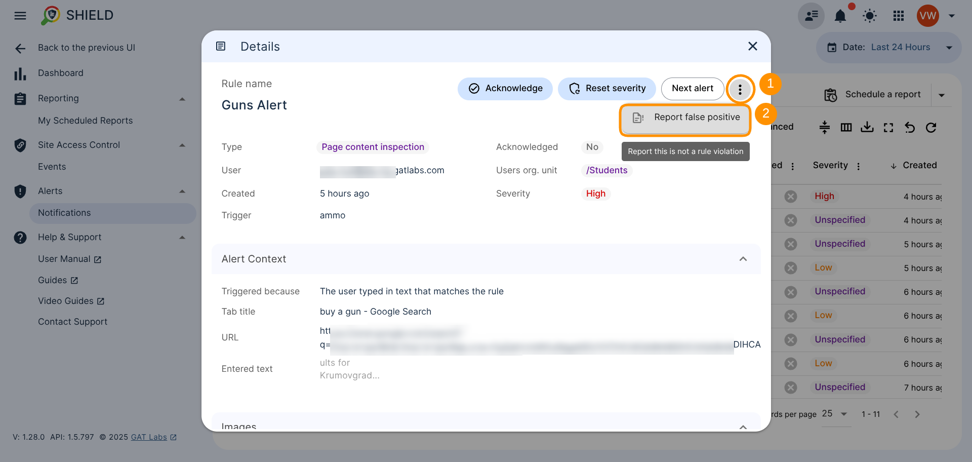 Alert Notifications Details window displaying Report false positive option. To report false positive alert, click on 3 dots next to "Next alert" button (1), click on Report false positive button displayed to create the report.