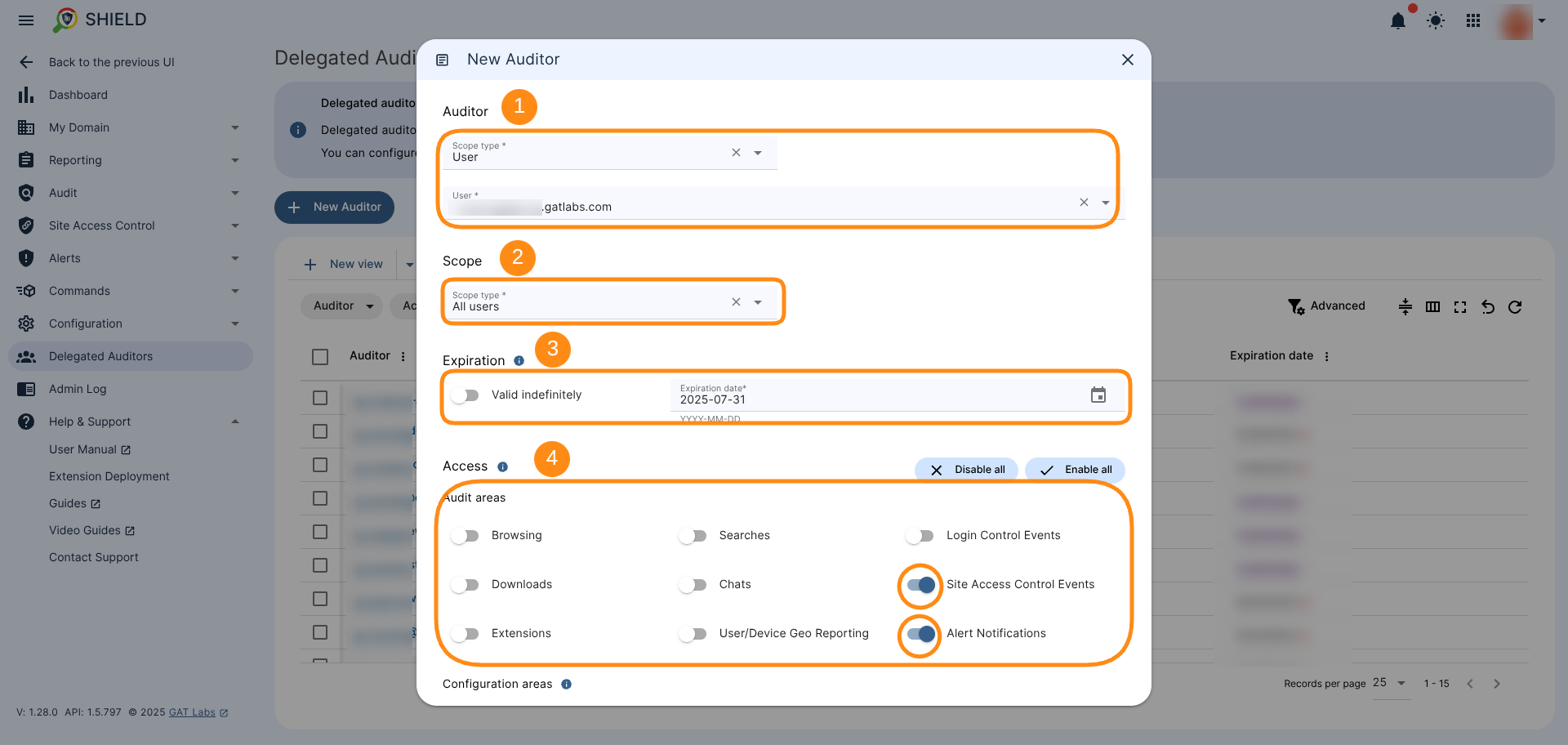 GAT Shield New Auditor wizard window showing the fields that must be configured: 1. Auditor Scope Type selected as single User. This user will have the Delegated Auditor role assigned to them. 2. Scope of All users that allows auditing every user of the domain. 3. Expiration date set to the exact time in the future ( Valid indefinitely option available as an alternative). 4. Access area to which the Auditor gains access to for audit purposes. 