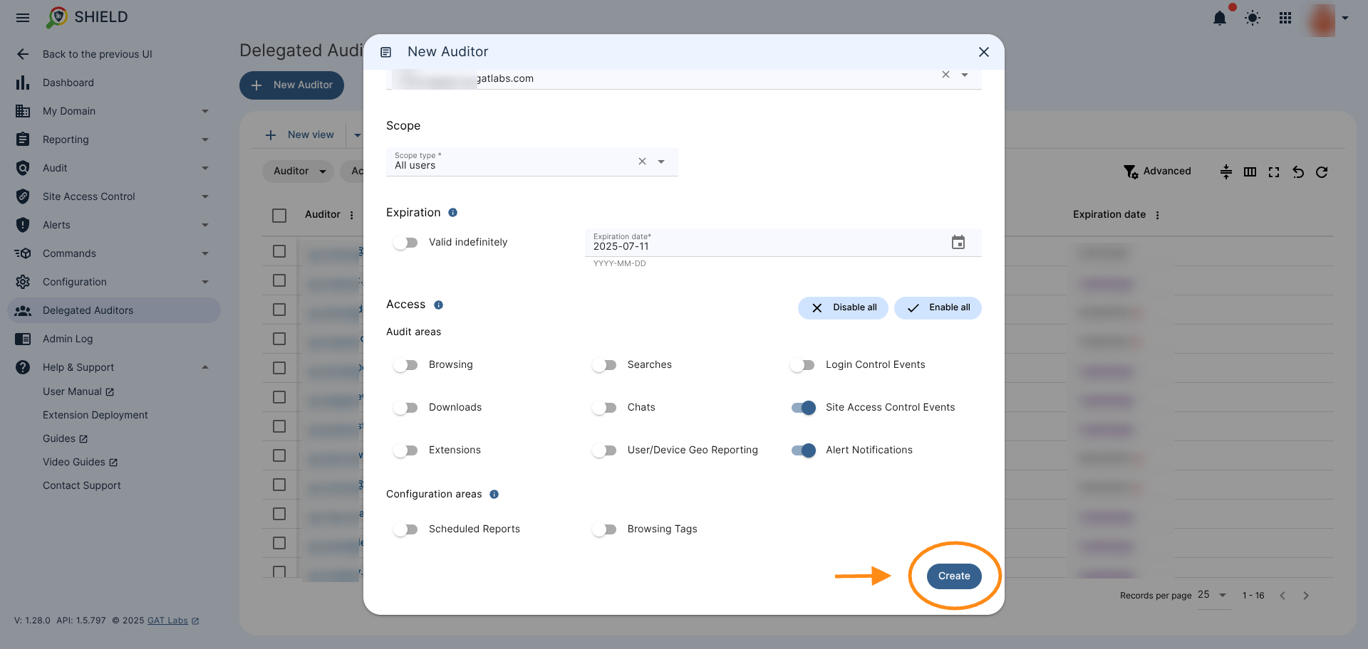 New Auditor wizard window showing the Create button to finalize the delegated auditor setup process.