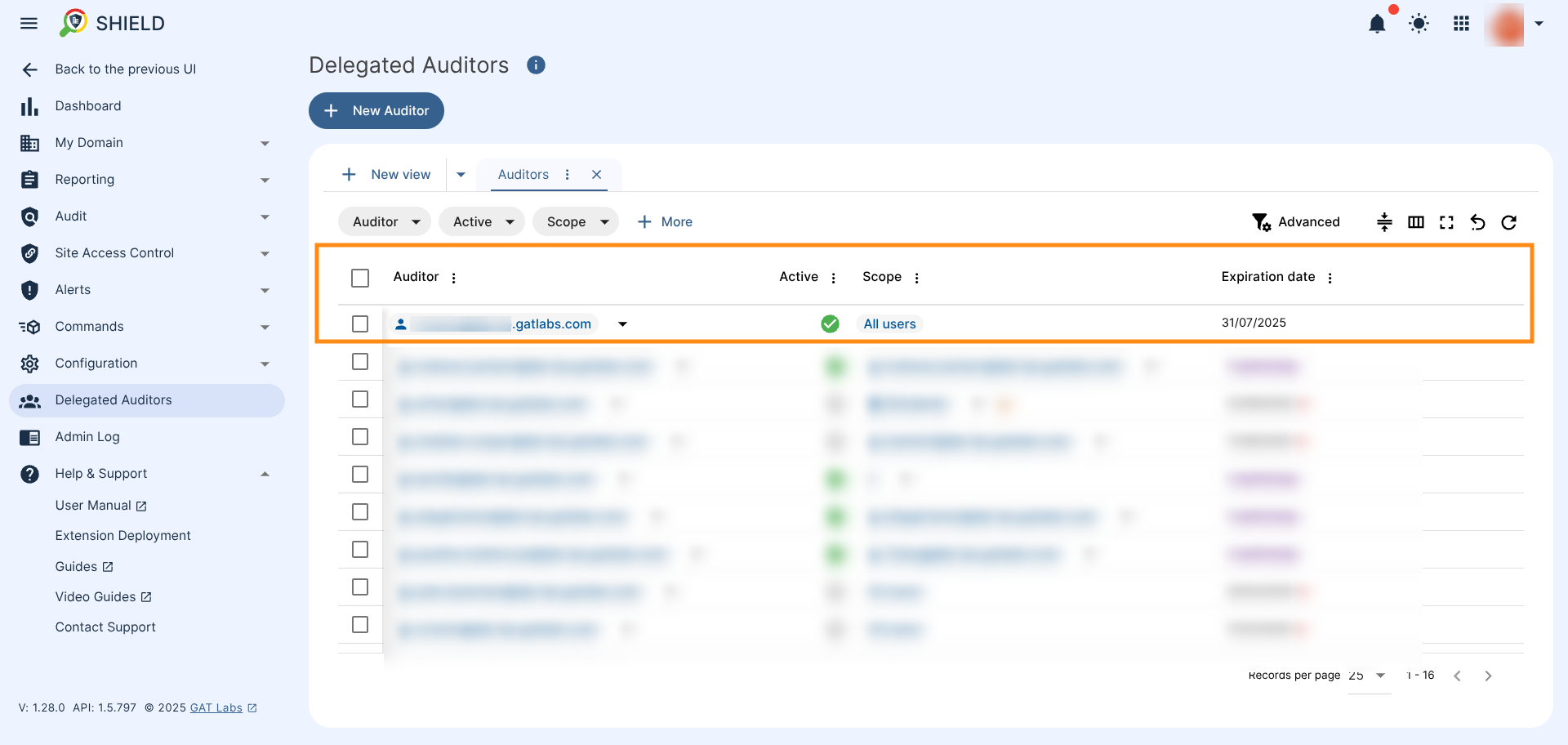 Delegated Auditors table showing all delegated auditors created, their access scope, role expiration date, and Active or Inactive status.