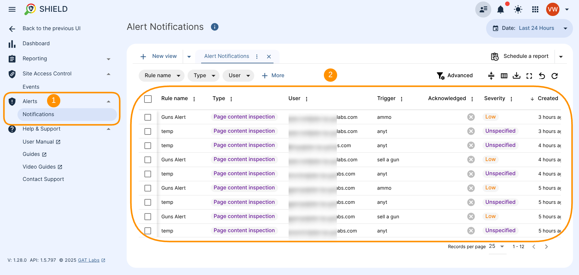 GAT Shield Delegated Auditor dashboard showing access to Alerts Notifications section (1) and a table with all existing/triggered alerts in a table (2). The alert notifications table displays the Rule name, Alert Type, email address of the users who triggered the alert, the trigger of the alert, the Acknowledged column, the Severity column, and the Alert notification Created date.