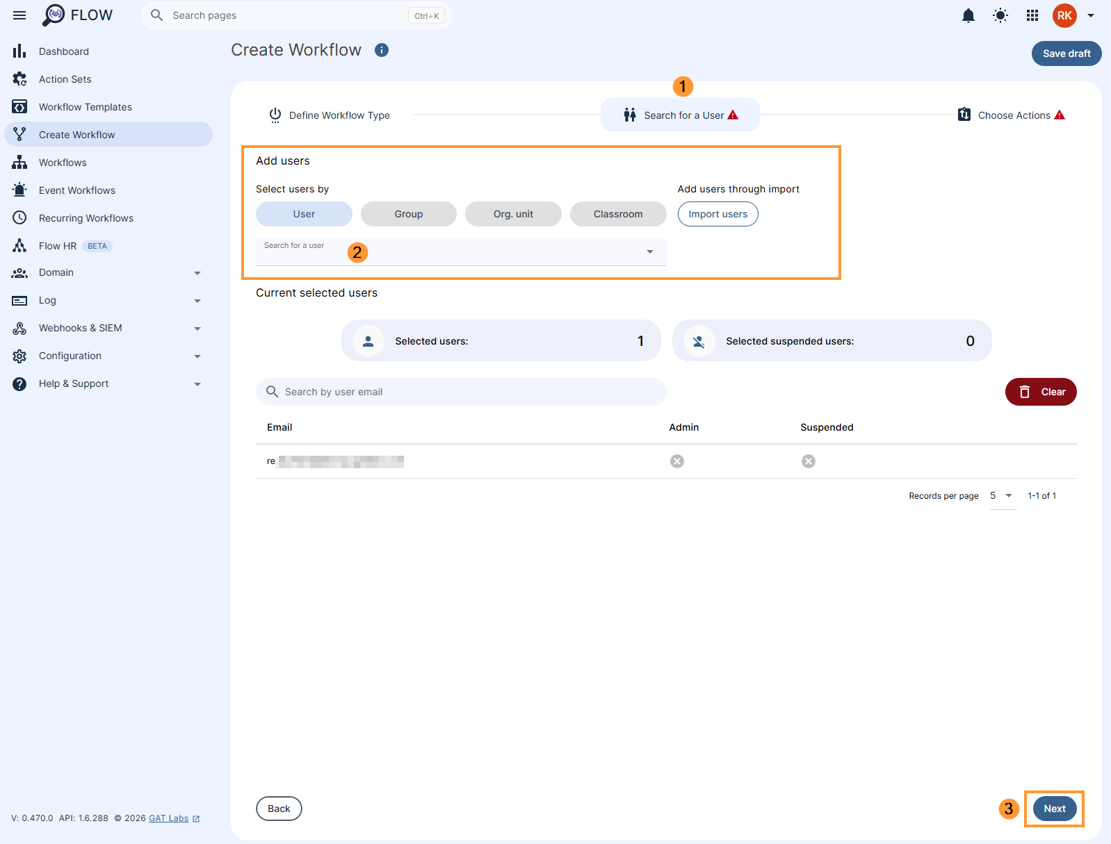 Selecting users to run the workflow on in GAT Flpw