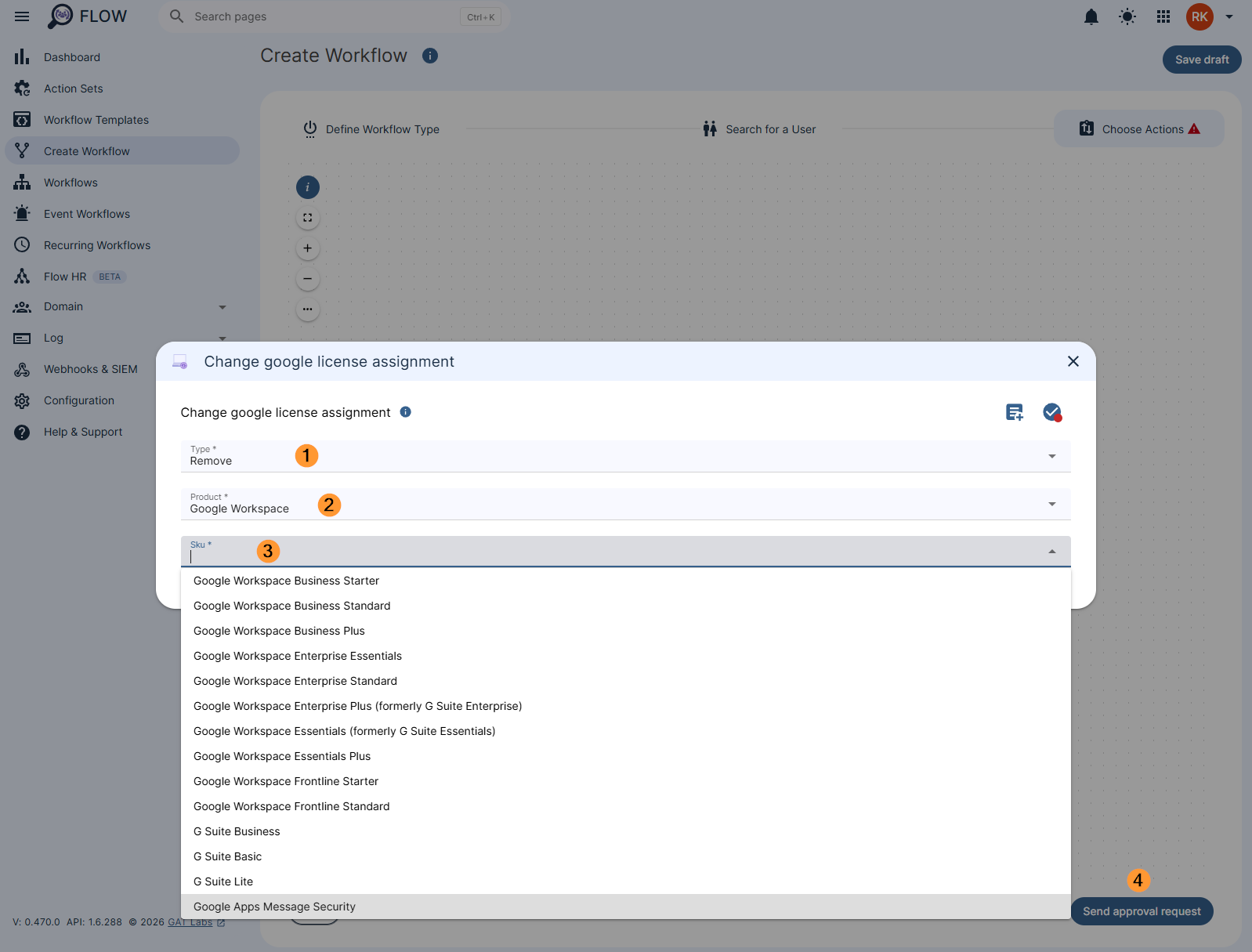 Configuring the settings for the 'Change google license assignment' action in a workflow
