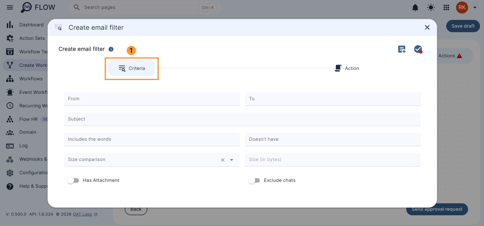 Configuring the 'Create email filter' criteria settings