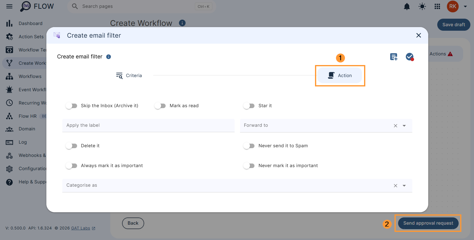 Configuring the 'Create email filter' action settings
